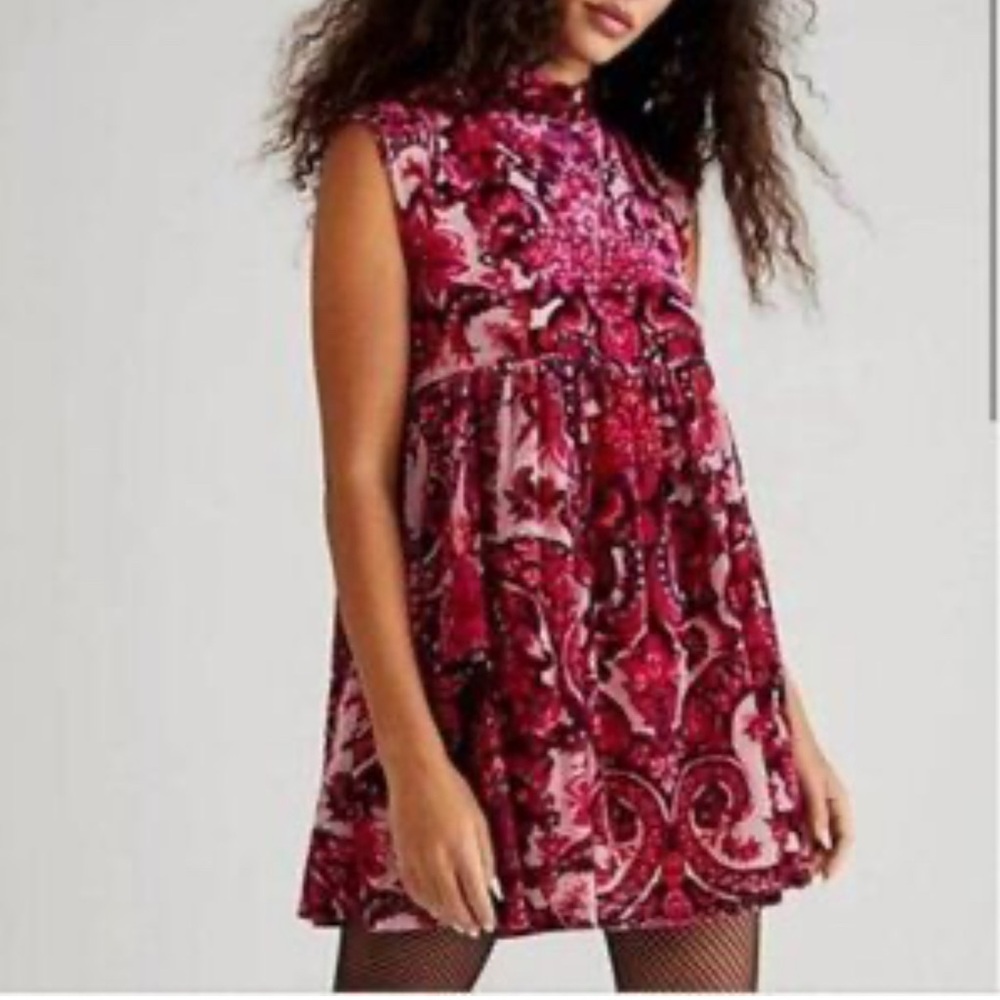 Free People All the Time Baroque Velvet Babydoll Mini Dress in Red Paisley Small